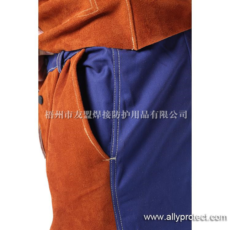 AP-6062 咖啡色皮配藍(lán)色阻燃布焊褲